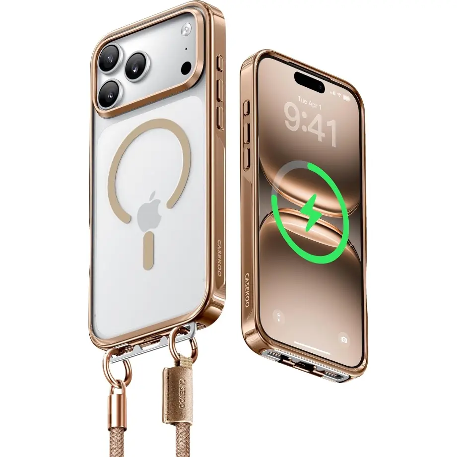CASEKOO Glossy Magnetic Linkoo Case with Strap 2026 New iPhone 17/16 Pro Max Case, Patented ClipSafe: Built-in Foldable Hidden Tab, Anti Theft Strap, Summervibes, Aluminum Alloy Lens Protection, Clear Back Case, Silver Frame, Orange summerwins
