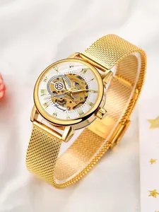 Elegant Women's Analog Mechanical Watch, Golden Band, Round Dial, Mineral Glass, Modern Style, Fashionable Analog Watch, Perfect for Business & Party Wear