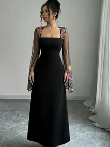 A black lace off-shoulder dress with embroidery, Elegant, for women, suitable for summer, suitable for evening parties, weddings, and balls.