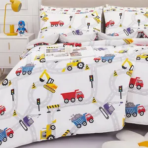 Kids Twin Bedding Sets for Boys, Girls Soft Twin Comforter Set with Sheets, 5 Pieces Microfiber Bed in a Bag, White Car Excavator