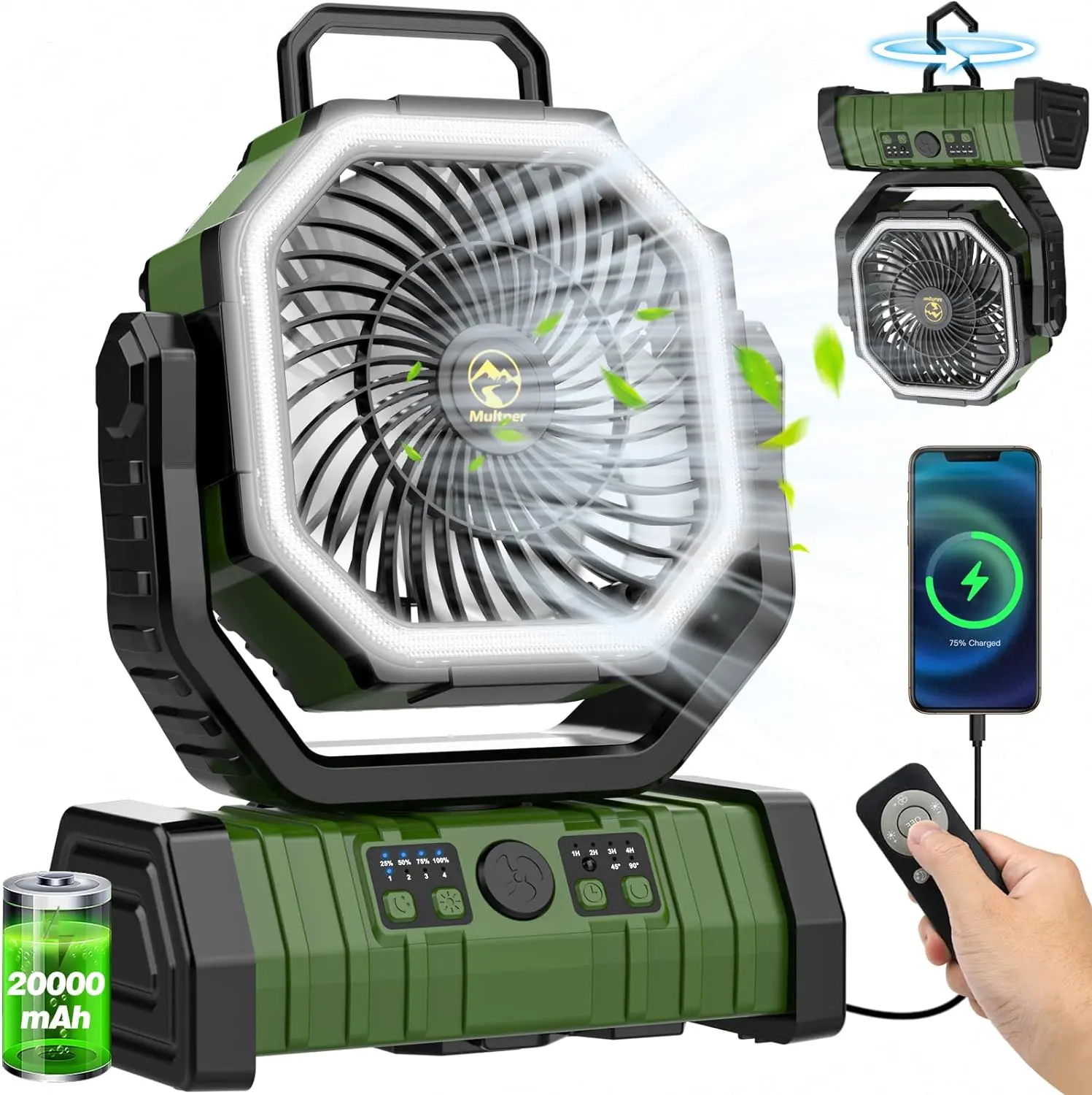 30000mAh Portable Camping Fan, 270° Auto-Oscillating Rechargeable Battery Fan with LED Light & Remote, Emergency Power Bank, 4-Speed Timer Cordless Fan for Soccer Mom, Hurricane Prep, Tailgating, Jobsite, RV & Beach Essentials, Father's Day Gifts