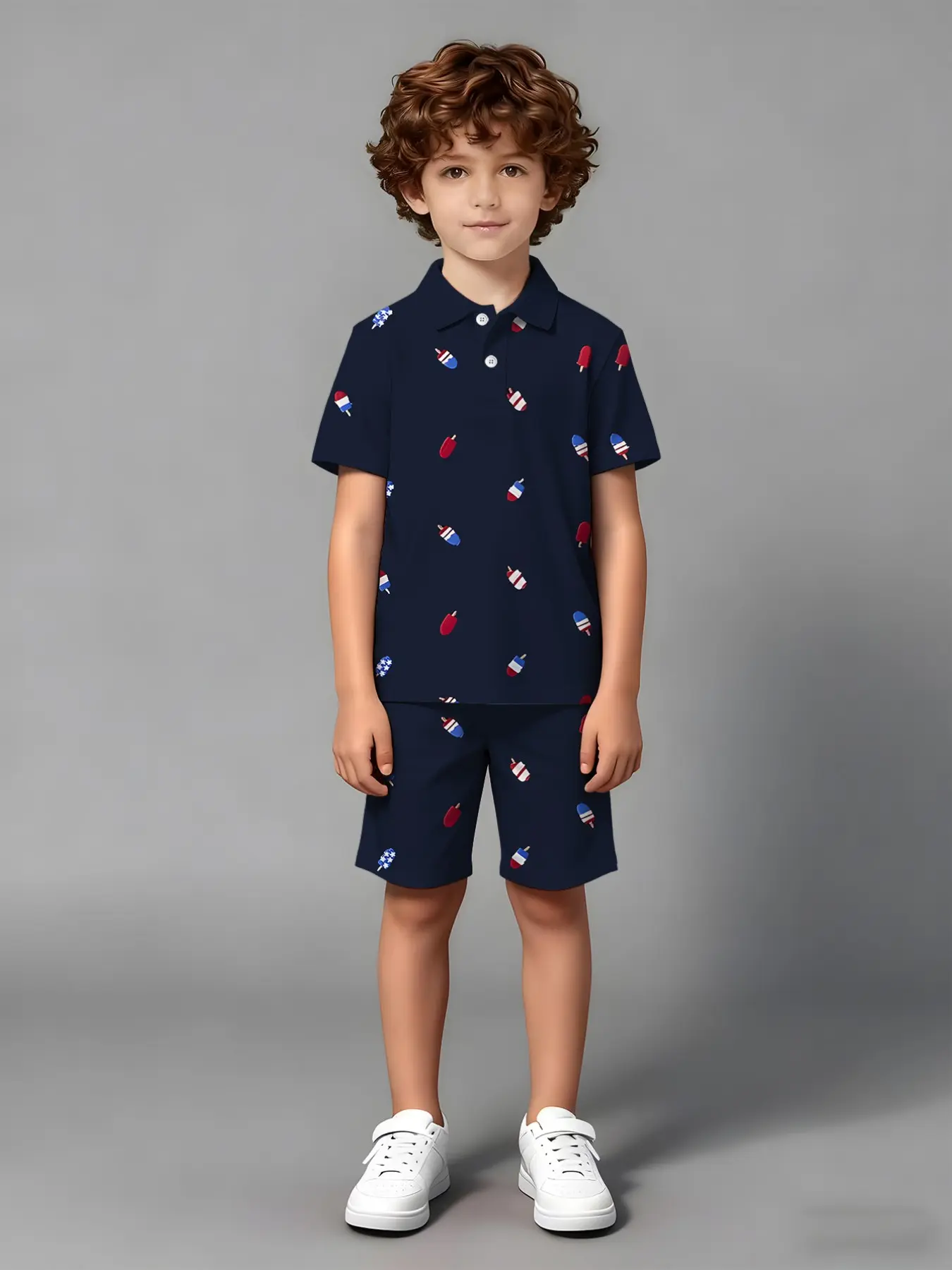 Summer Short Sleeve Polo Set, Deep Blue Printed Casual Two-Piece, Boys' Breathable Shorts and Shirt Set, Clothing Sets
