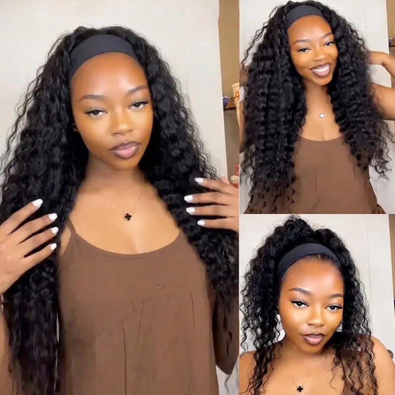 Bling Hair Deep Wave Headband Wig Human Hair Glueless Beginner Friendly No Lace No Glue Needed 180 Density Brazilian Virgin Hair Deep Curly Headband Wigs for Black Women summerwins backtoschool