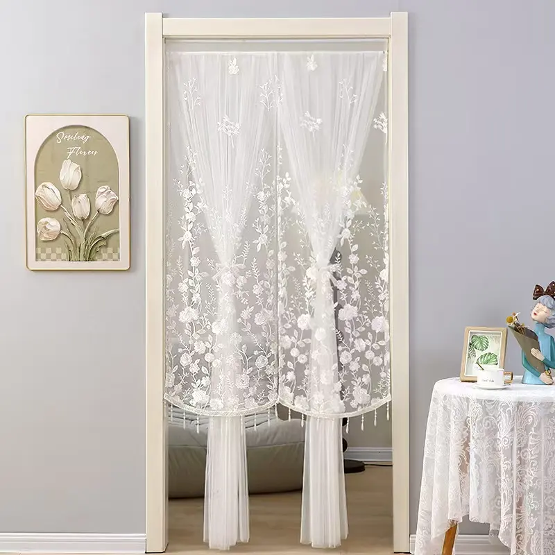 Floral lace door curtain with beaded tassels; a semi-transparent, soft-light room divider curtain suitable for bedrooms, closets, kitchens, and apartment or dorm room decor