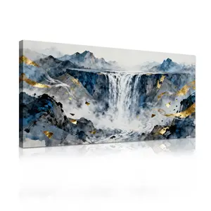 Ink Landscape Waterfall Framed Wall Art - Luxury Gold Foil Accents HD Canvas Print | Eastern Zen Ready to Hang Decor for Living Room Foyer Tea Room