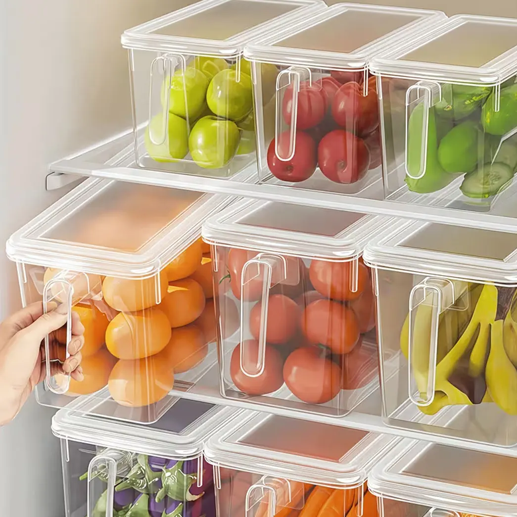 4pcs Set of Refrigerator Storage Boxes with Handles (Includes 4pcs Box Bodies And 4pcs Lids) - Durable Plastic Food Storage Containers, Suitable for Fruits, Vegetables, Grains, Meats, And Beverages