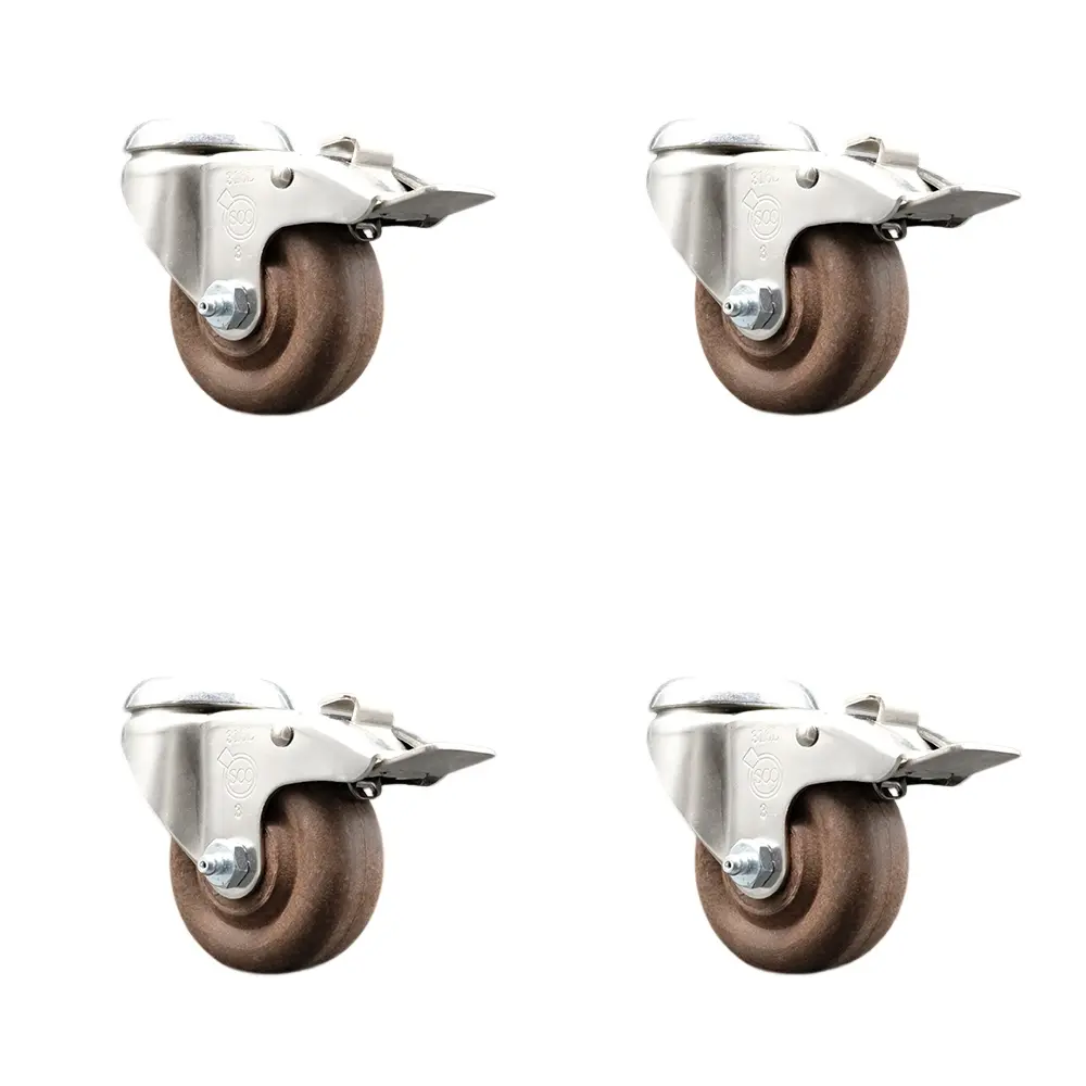 Service Caster SCC-SS316BHTTL20S314-GFNSHT-4 316 Stainless Steel Anti-Rust Swivel Bolt Hole Castors, 3 in. Brown Wheels, 1400 lbs Capacity, Easy Glide, Low Rolling Resistance, Maintenance Free, for Carts/Equipment, High Substance Resistance - Set of 4