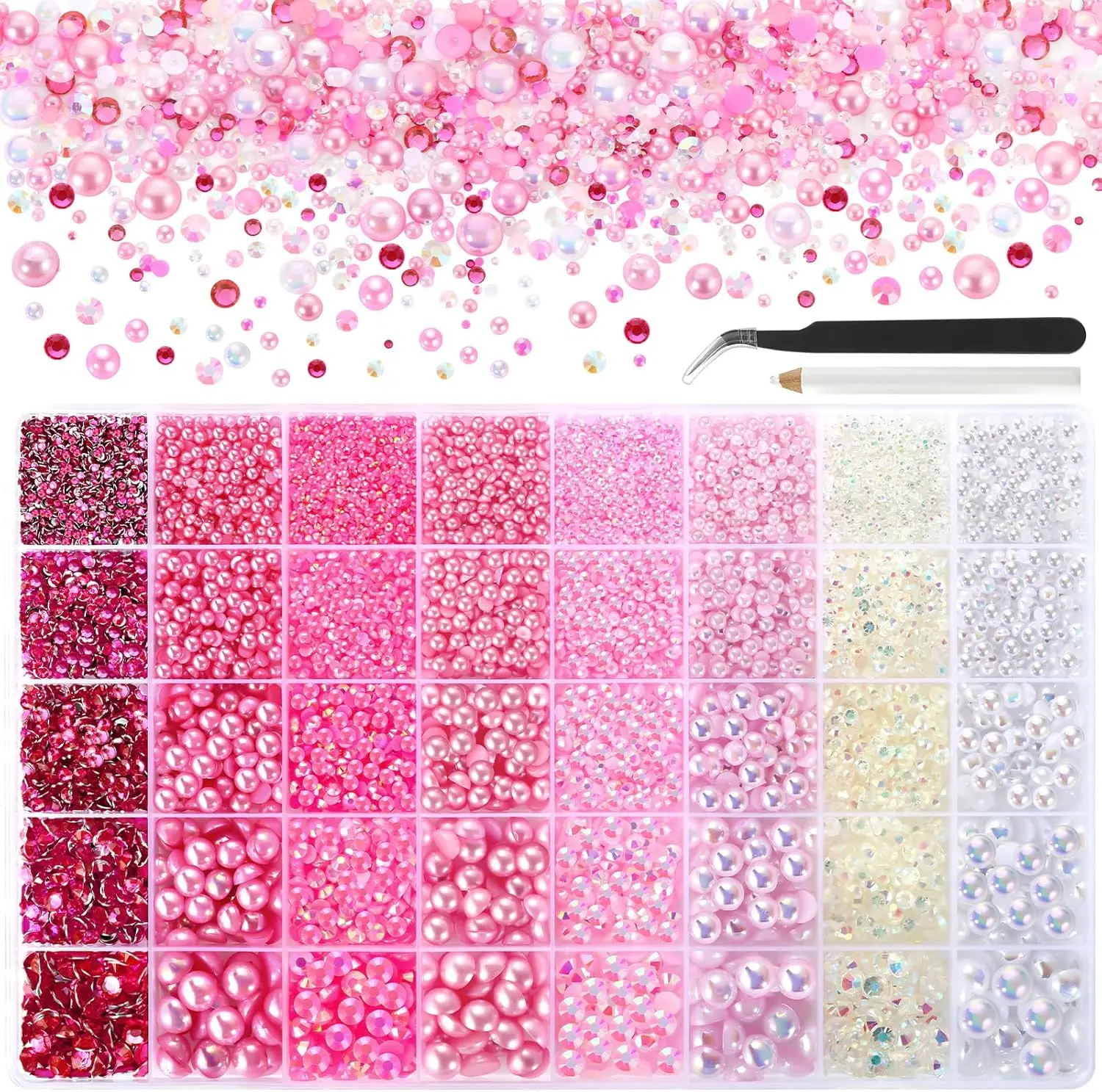 Funtopia Glamorous 14500+ Bedazzled Kit - Pink Flatback Pearls & Rhinestones (2mm-10mm) for Nail Art, Tumblers, DIY Crafts, Thoughtful Romantic Mother’s Day Gift for 3 Years and Above