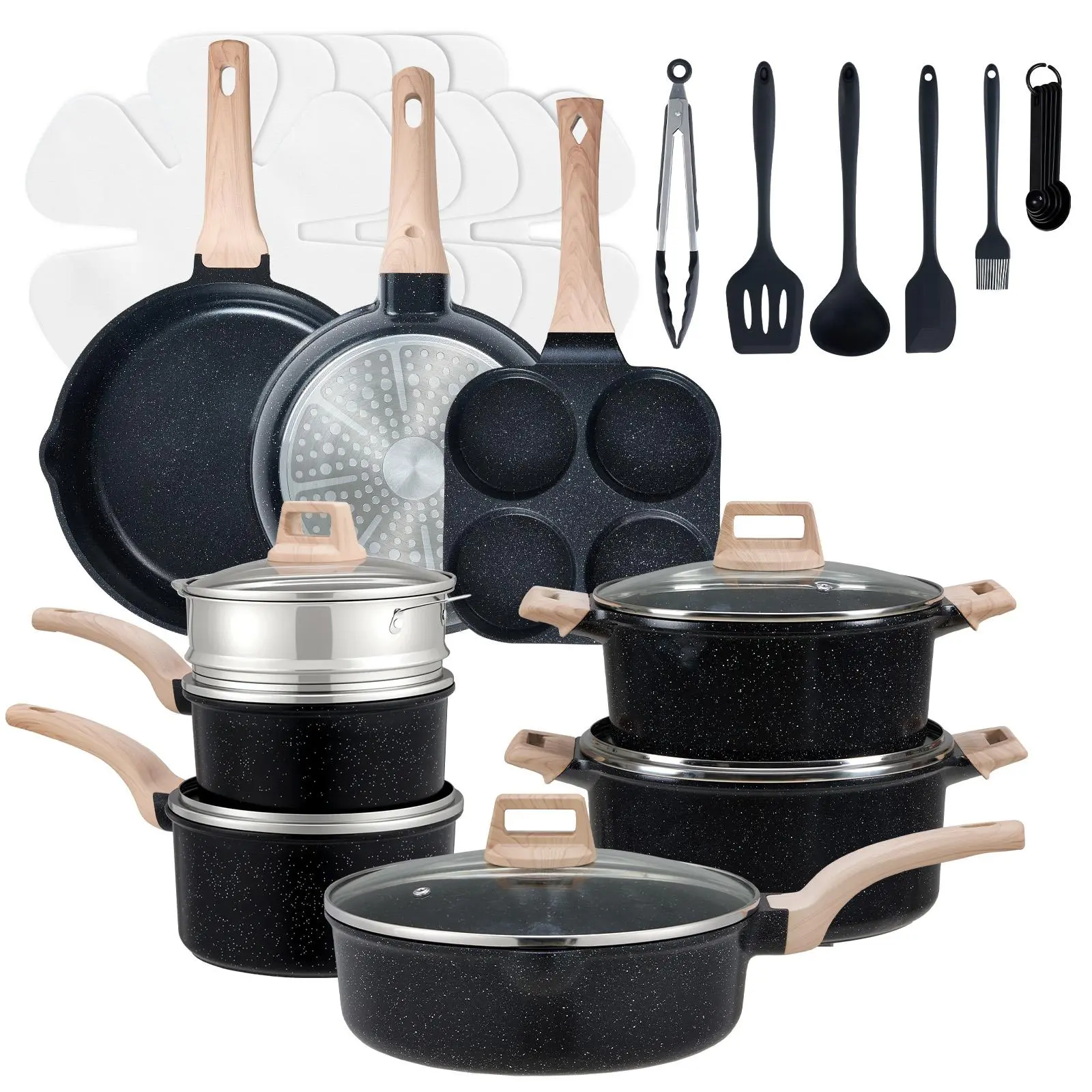 Sweetcrispy 25-Piece Sturdy Non-Stick Ceramic Granite Cookware Set, Lightweight Aluminium Pots and Pans with Glass Lids, Stay-Cool Handles, Induction Compatible for Healthy Cooking