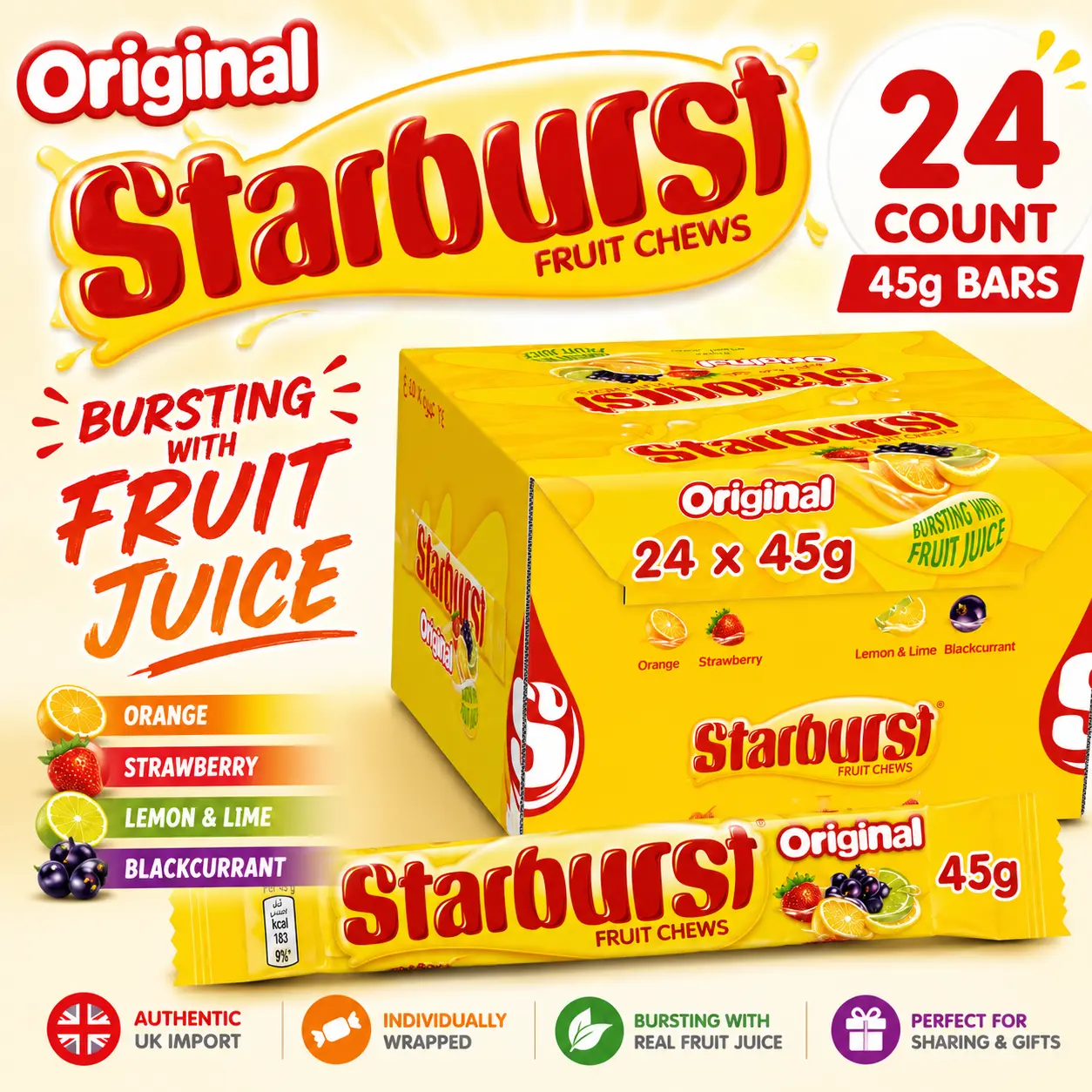 Starburst UK Import Original Fruit Chews 45g 24 Count  Mixed Fruit Chewy Candy Bars | Imported Treats for Parties, Gifts & Snacking