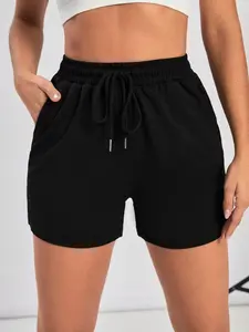 Women's High Waist Black Sweat Shorts, Soft Stretchy Cotton Blend, Elastic Drawstring Waist with Side Pockets, Breathable Lightweight Fabric, Trendy Athleisure for Gym, Yoga, Loungewear, Casual Daily Wear, Summer Essential, Comfy Relaxed Fit Streetwear Sh