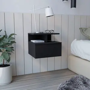 Adele Floating Nightstand , End Table, Side Table Drawer, Open Top Shelves -Black