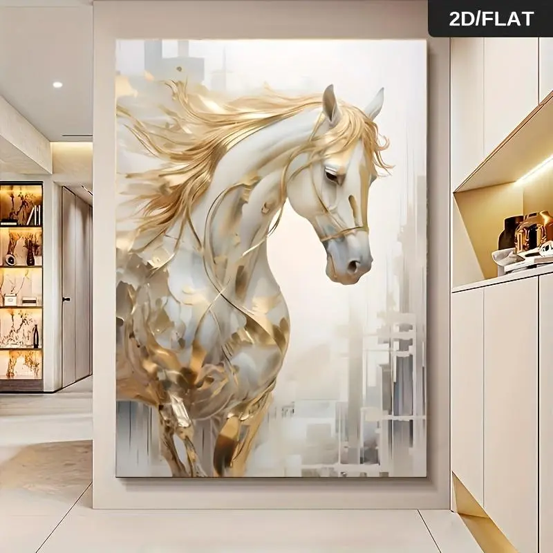 [2D Flat] 1pc Frameless Modern Vintage Golden Horse Canvas Wall Art - 80cm*120cm/31.49*47.24in Canvas Poster for Living Room, Bedroom Wall Decor
