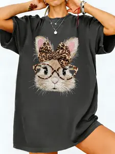 Easter 1PC Women's Coquette Style Bunny Print T-Shirt, Cute Lady Animal Top With Leopard Bow, Comfortable Loose Fit, Perfect for Dates, Casual Hangouts and Coffee Dates