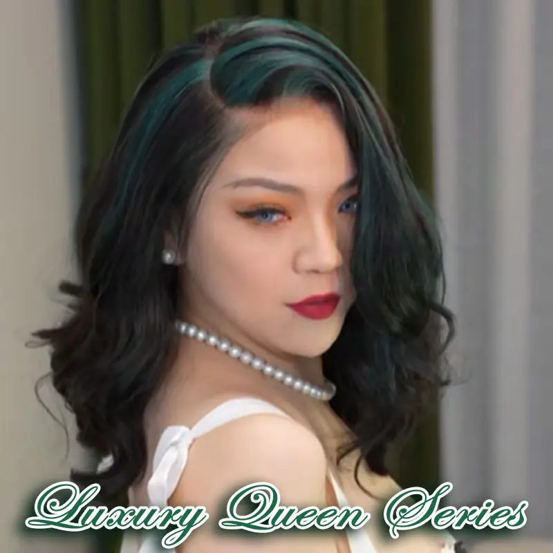 FF WIG Ocean Wave Raw Human Hair Glueless Wig 14 Inches 7*5 Pre-Cut HD Lace 250% Density 1B/Green & Black Wear Go Wig with Special Drawstring