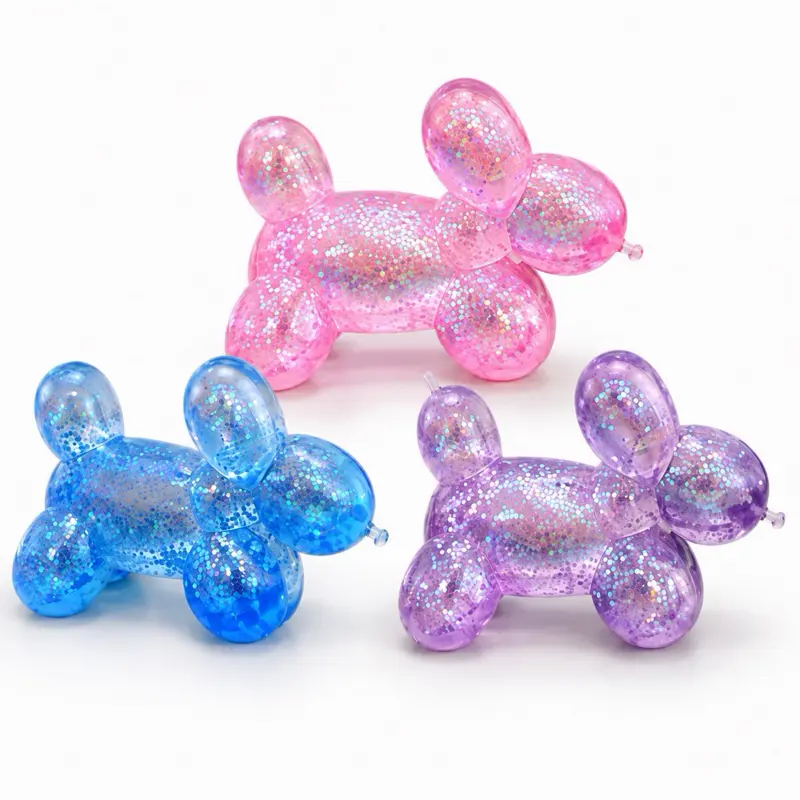 Glitter Balloon Dog Squishy Toy – 4-Inch Slow-Rising Squeeze Fidget Toy, Cute Sensory Desk Toy, Pink, Blue or Purple