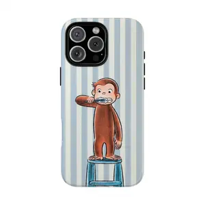 Curious George Brushing Teeth Cute Monkey Polycarbonate Cellphone Case - Glossy, Tough, Shockproof, Slim Profile Shell, Blue Stripe Minimal Aesthetic Casing, Nostalgic Gift for Handheld Wireless Devices, Fits iPhone 7-17 Pro Max Protection Accessories