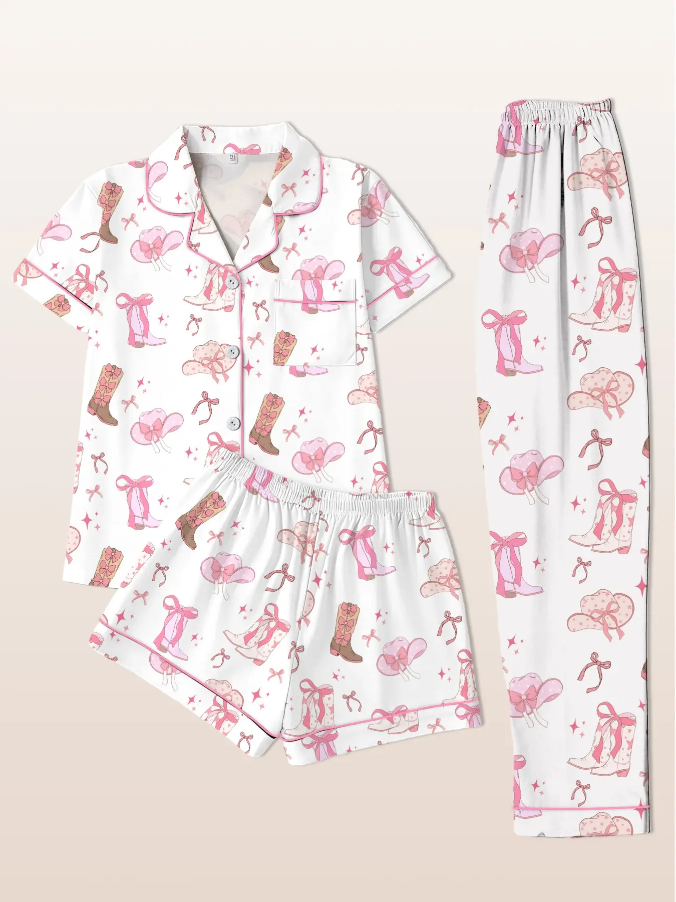 Women's Sleepwear Effortless Loungewear and Homewear Three-Piece Pajama Set, Knitted Fabric Sleepwear, Pjs, Pyjamas, Short Sleeve Cardigan Top + Shorts + Long Pants, Western Cowboy Hat Boots Print