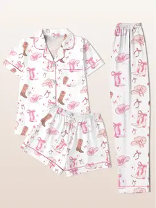 Women's Sleepwear Loungewear Three-Piece Pajama Set, Pjs, Pyjamas, Short Sleeve Cardigan Top + Shorts + Long Pants, Western Cowboy Hat Boots Print