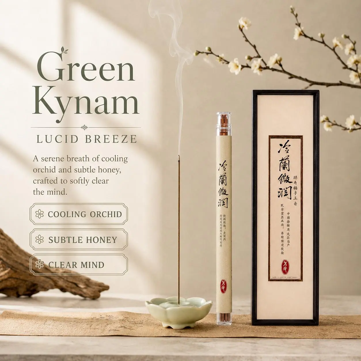 Flow - Green Kynam Handmade Incense Sticks 10g, Natural Hoi An Green Kynam Powder, Cool Honeyed Orchid Floral Elegant Scent, Cooling Calming Aroma For Deep Meditation, Soft Premium Fragrance Designed For Women