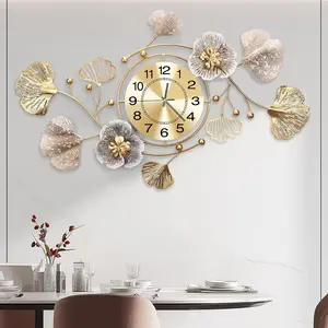 Clocks for Living Room, Large Wall Clock, Silent Wall Clock, Retro Metal Ginkgo Leaf Design, for Bedroom Kitchen Decorative Wall Clocks（47''x23'' ）