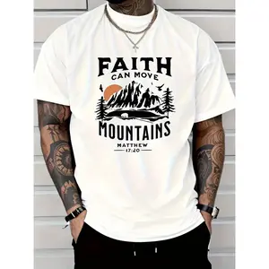 Faith Can Move Mountains Men'S T-Shirt - Inspirational Biblical Print, Round Neck Short Sleeve Casual Tee, Black With White Lettering, Seasonal Trendy High Street Fashion, Casual Wear| Faith Inspired Design| Comfortable Fit