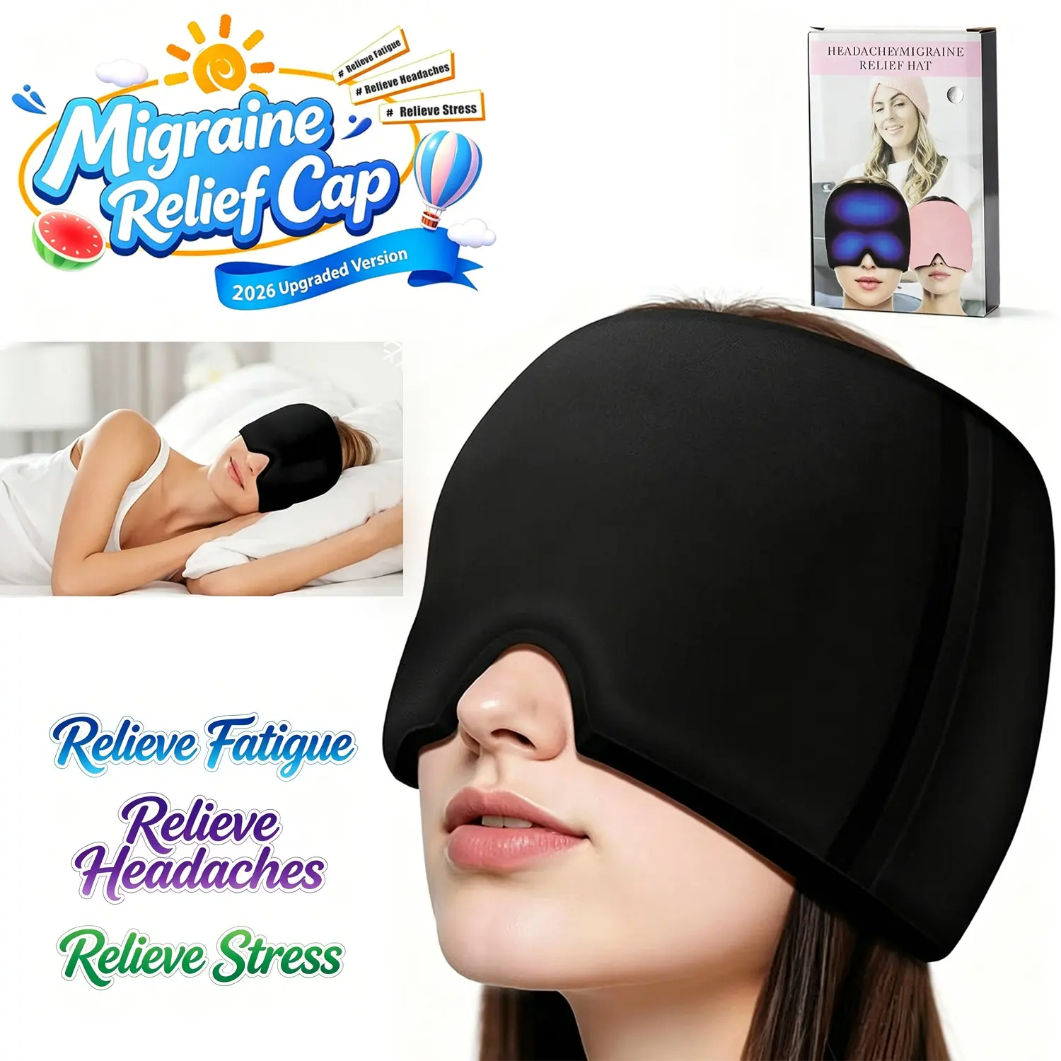 Migraine Relief Cap, Soothing Headache Hat, Ice Pack Mask, Face Cold Compress, Cooling Gel Head Wrap, Tension, Stress, Hangover Relief, Sleep Mask