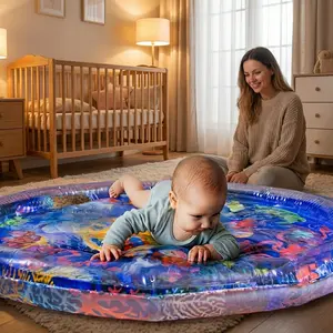 Large Blue Inflatable Baby Belly Time Water Play Mat, Nursery Development Mat, Sensory Color Grasp Stimulate Toy, Ocean Animals Design, Suitable for 3+ Years