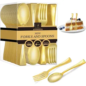 100 PCS 4 Inch Gold Mini Forks and Spoons, 50 Gold Dessert Forks and 50 Mini Dessert Spoons Heavy Duty Mini Cutlery for Appetizer Tastings Cocktails Dessert Cups