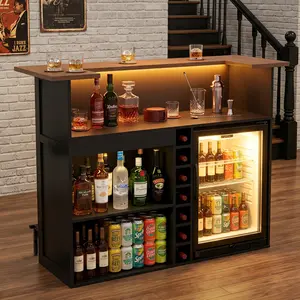 63-Inch U Shaped Home Bar Unit with Fridge Space & 24.3" Side Wings, Indoor Bar with LED Strip, Basement Bar Table with Stemware Racks & Drawer, Bar Furniture for Home