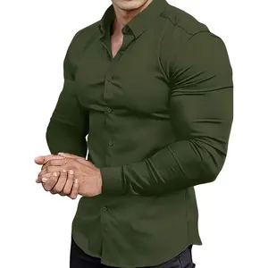 Men's Slim Fit Stretch Muscle-Fit Dress Shirt, Long Sleeve Button-Down Lapel, Basic Business Shirt Collar Menswear Black Top Cotton Beige Polyester Spandex