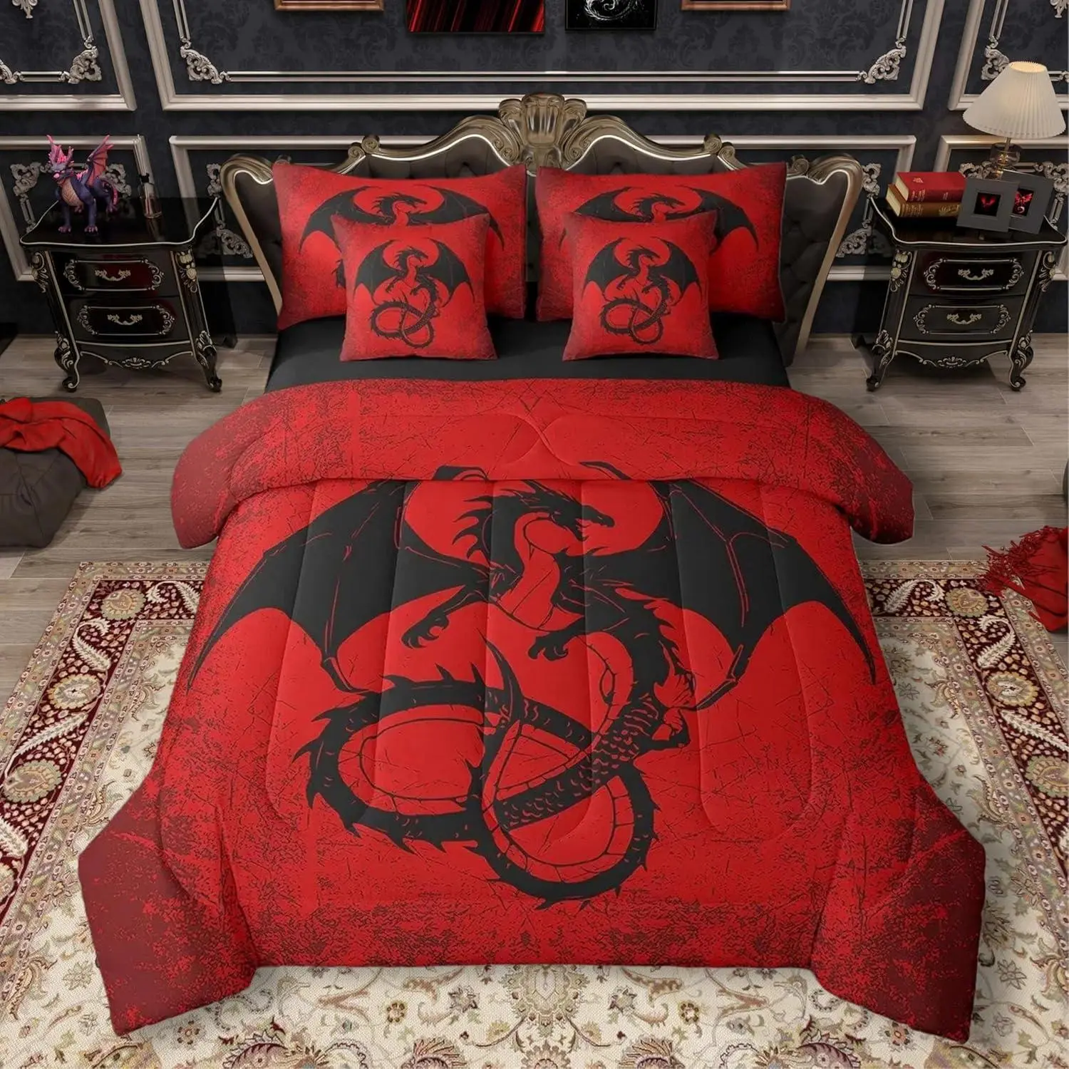 Black Dragon Bed in a Bag 7 Pieces Red Black Comforter Set with Sheets Exotic Chinese Style Bedding Sets (Comforter,Pillowcases,Flat Sheet,Fitted Sheet & Cushion Cover)