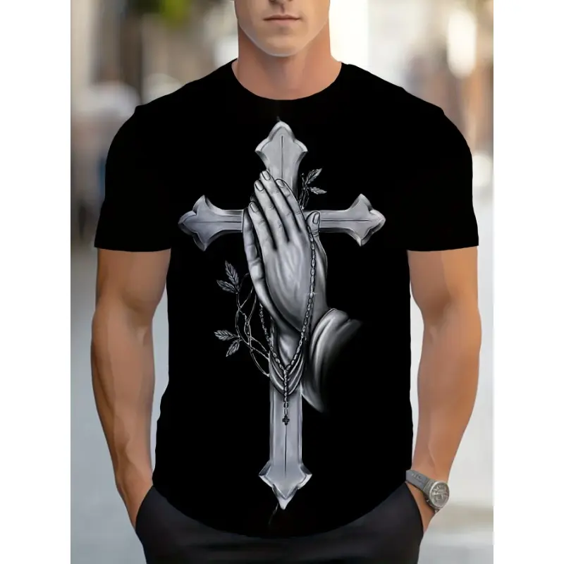 Men's Short Sleeve Crew Neck Graphic Print Tee - 100% Cotton Moderate Flex Fabric, Cross Hands & Prayer Motif, Ideal for Sports & Gym Wear, Short Sleeve Tee