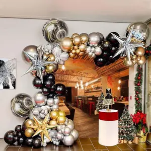 Metallic Black, Gold, Silver Balloon Garland Arch Kit with Marble Foil Balloons - Festive Party Decoration Set for NYE, Graduation Backdrops