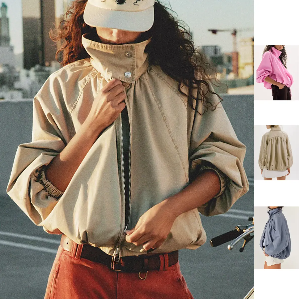 Ommig Women's Chelsea Funnel-Neck Long Sleeve Jacket - Loose, Puff Elastic Cuff, Zip-Up, Drawstring Hem, Lightweight Street Style Coats for Casual Streetwear Tops, Soft, Women's Clothes, Everyday, Polyester, Thanksgiving, Fabric, Turtleneck, Valentines Da