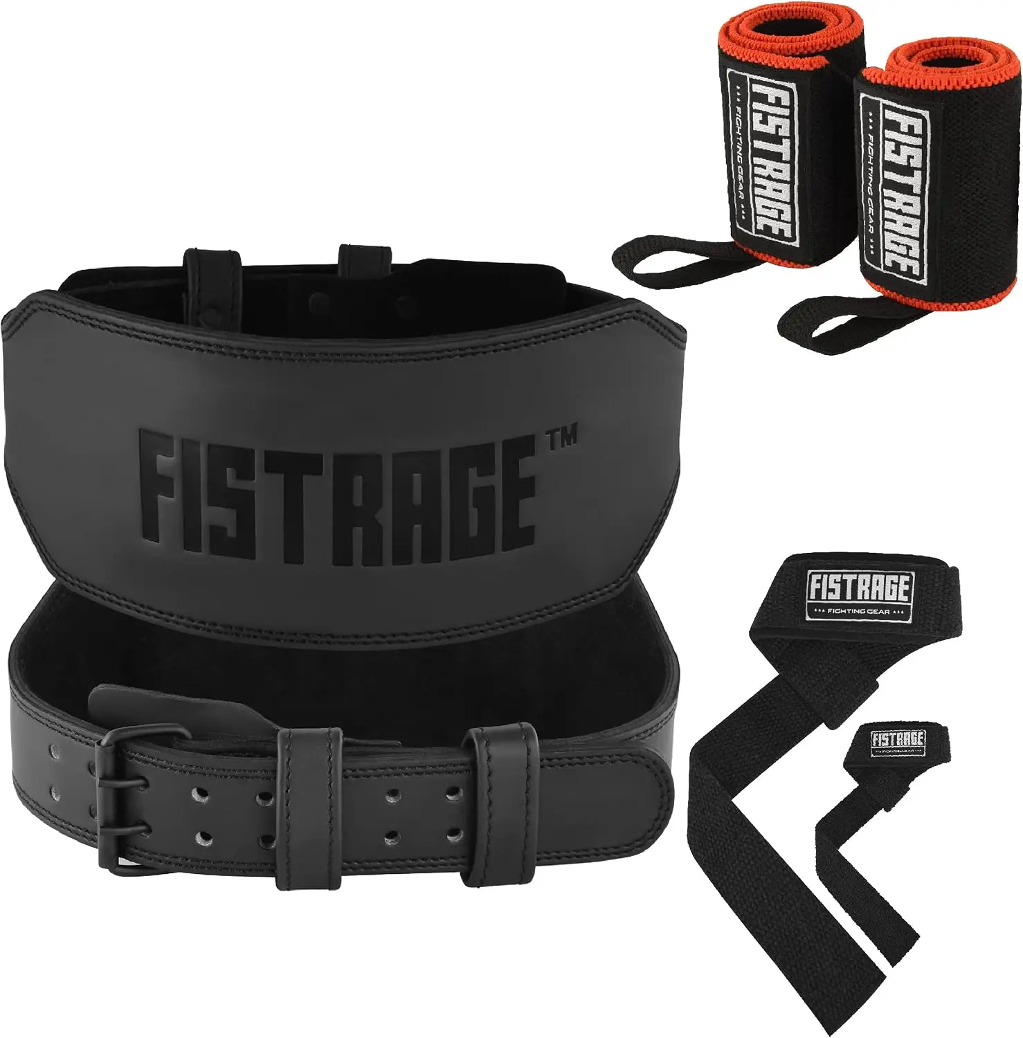 FISTRAGE Unisex Leather Powerlifting Belt - Strength Training Equipment with Inner Padding, Waist Cover, Lower Lumbar Back Support for Power Lifters, Tough Workouts + Free Wrist Strap