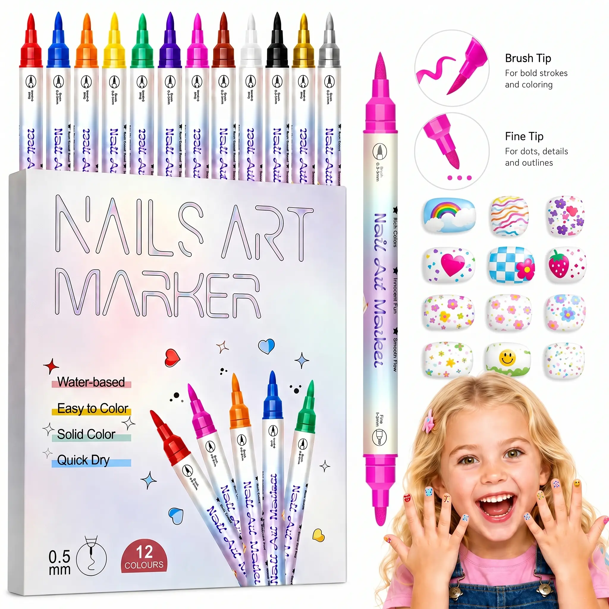 Quick-Dry Dual-Tip Nail Art Pens, 12-Color Polish Marker Set for DIY Nails & Decoration, Travel Size Beauty Gift for Girls and Teens, Beauty Products, Friends, Nail Tech