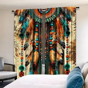 Bohemian Feather Beaded Print Curtain Set, 2 Pieces, Exotic Art Style, Perfect for Living Room and Bedroom Decor, Window Curtain
