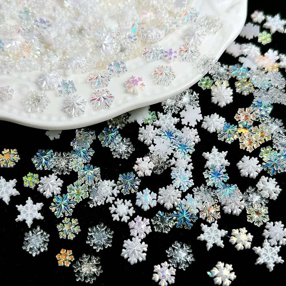 50Pcs White Snowflake Nail Charms Mix Colorful Gems Aurora Winter Snowflake Nail Rhinestones Flat Back  Xmas Manicure Supplies