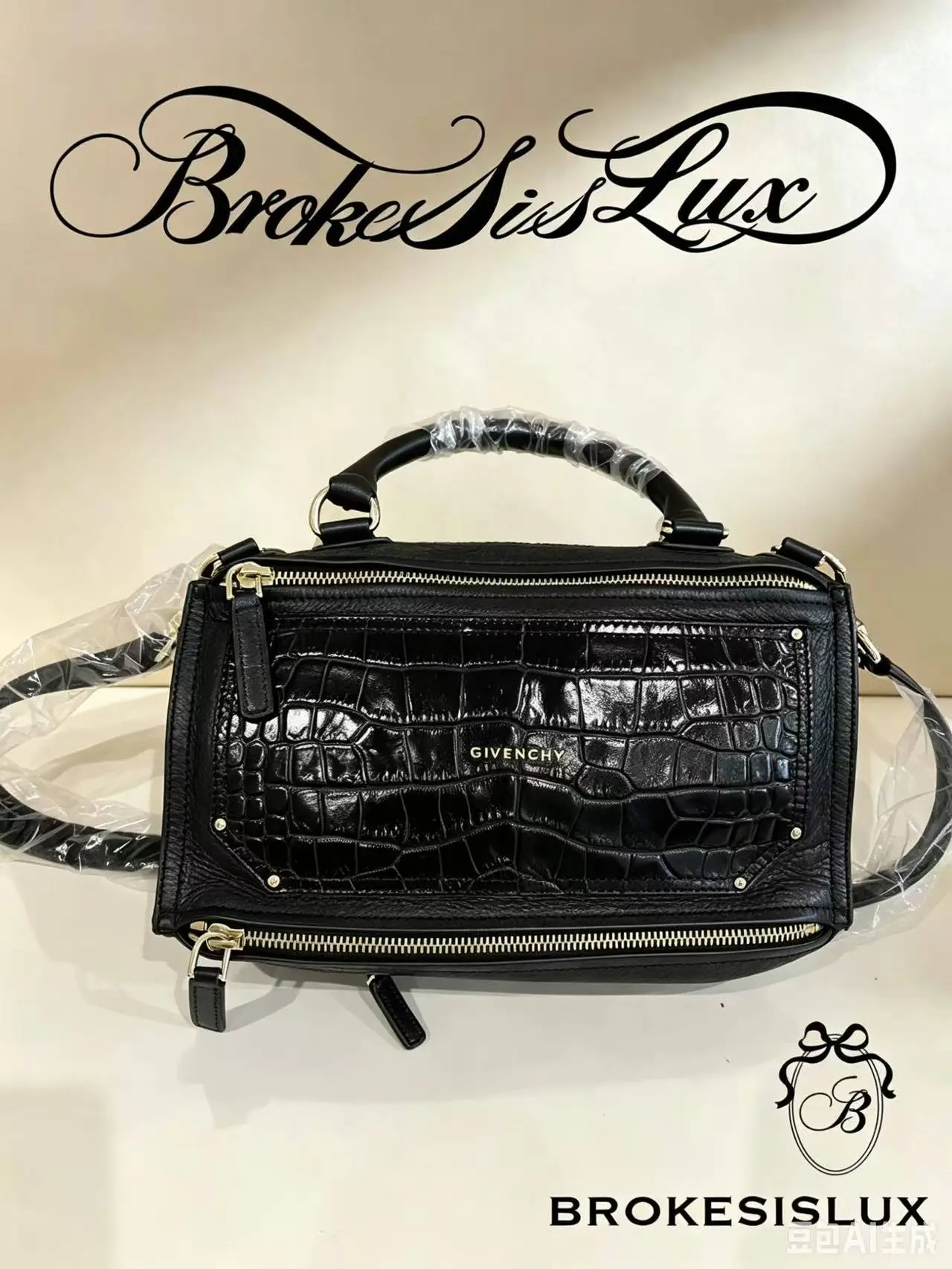 Pre-owned GIVENCHY Black Gloss Crocodile Embossed Grained Cow Leather Pandora Box Shoulder Crossbody Bag Gold Double Zippers, Detachable Strap, Matte Black Grained Cow Leather Sides, d12cm