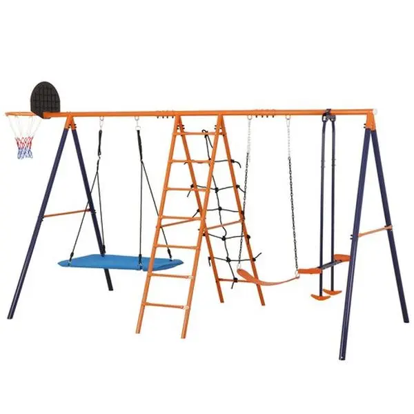Segawe 6-in-1 Heavy Duty Metal Frame Backyard Outdoor Playset for Kids - Multi-Playset with Saucer, Belt Swing, Seesaw, Basketball Hoop, Climbing Ladder & Net for Toddler Playground Outdoor Sports