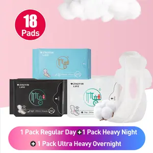 18 Counts/3 Packs of Zhuyin Life Sanitary Napink for Day & Night & Ultra Long Menstrual Pads