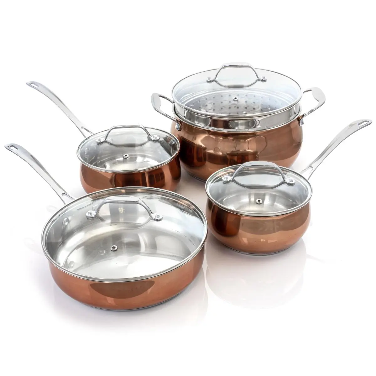 Oster Carabello 9-Piece Stainless Steel Bundle Cookware Set - Copper Colored Cookware Set, Heat-Resistant Handles, Fry-Ready Design, Glass Lids, Bundle Cookware Sets, Copper Colored Cookware Sets