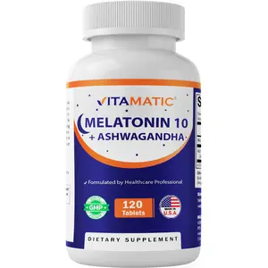 Vitamatic Melatonin 10mg with Ashwagandha 4:1 Extract 250 mg 120 Tablets Non-GMO Made in USA Free of Sugar Yeast Wheat Egg Artificial Flavors & Preservatives