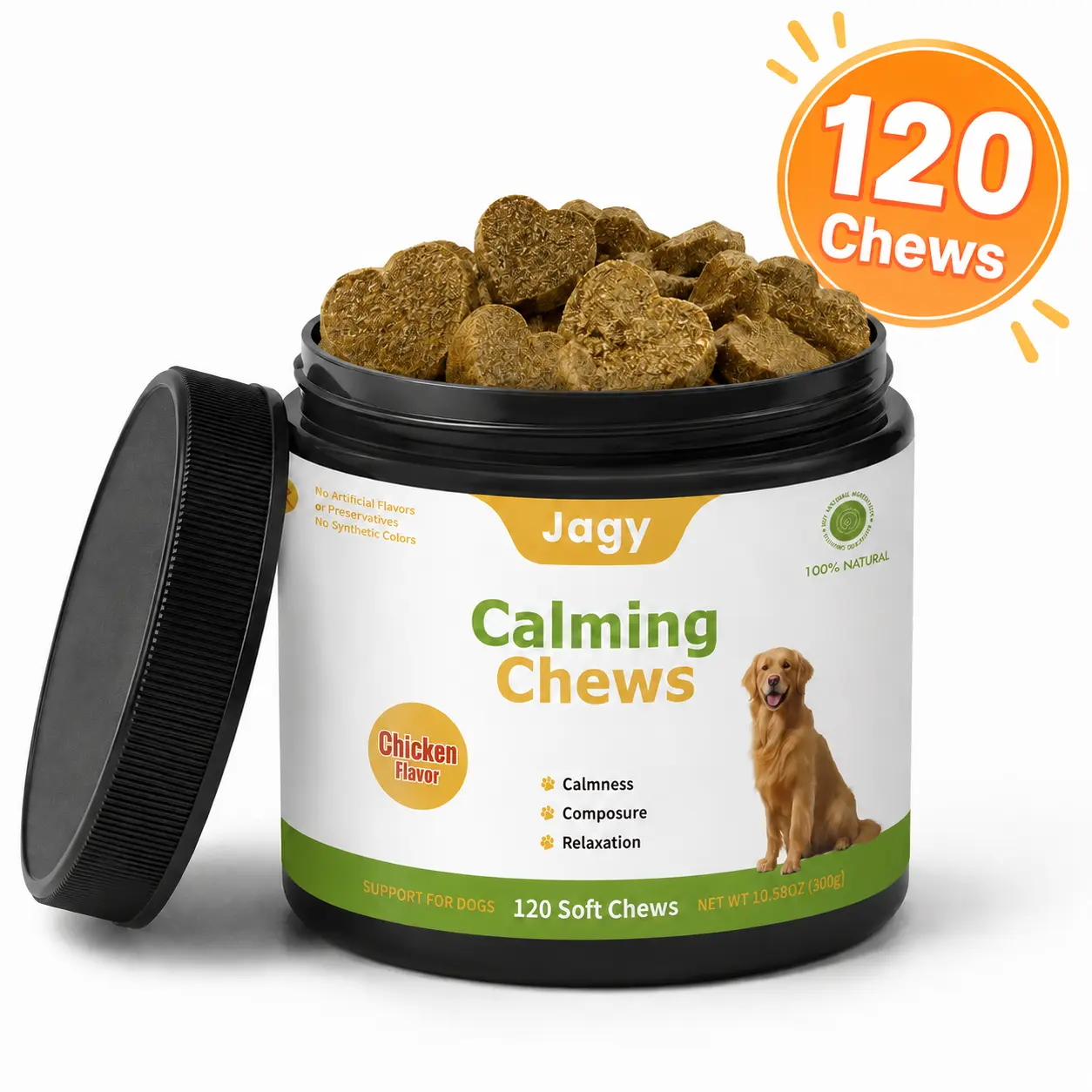 Jagy Calming Soft Chew Dog Treats - 120 Natural Supplements with Magnesium Citrate, Valerian Root, Chamomile to Soothe Stress, Support Emotional Balance, Ideal for Fireworks, Travel, Soft Chew Treats