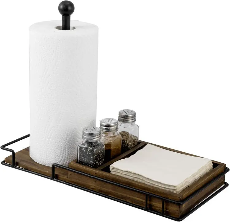 Kitchen and Dining Combo Caddy, Black Metal Paper Towel Roll Dispenser Stand, Napkin Holder, Spice Rack with 3 Shakers