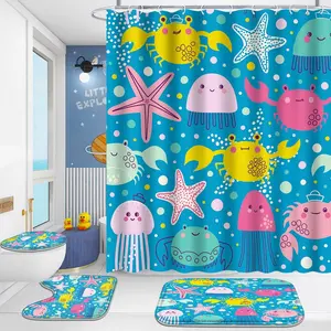 Cartoon Marine Life Pattern Bathroom Decor Set, 4 Counts/set Including 1 Shower Curtain, 1 Toilet U-shape Mat, 1 Rectangular Mat, 1 Toilet Lid Cover, Bathroom Accessories