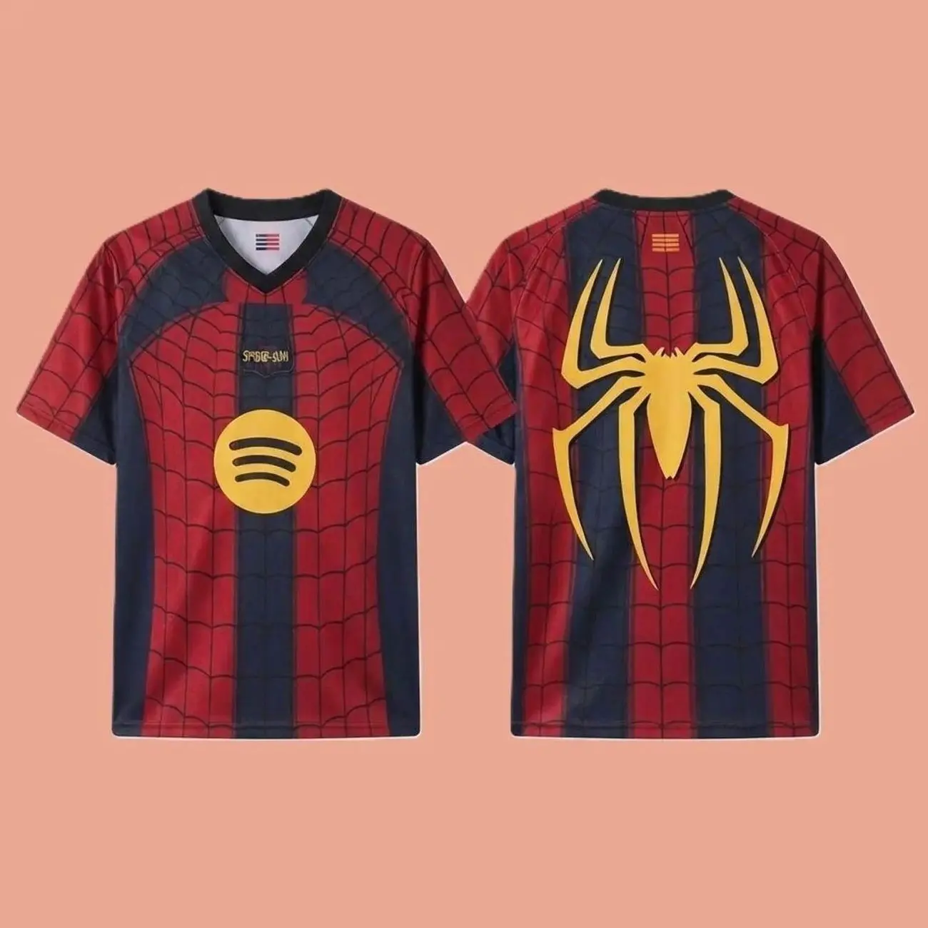 Spider Web Graphic Soccer Jersey, Vintage Gold Spider Emblem Football Shirt, Retro Stripes Concept Sports Top, Oversized Athletic Streetwear, Cool Web Pattern Short Sleeve Football Shirt NMV AB1