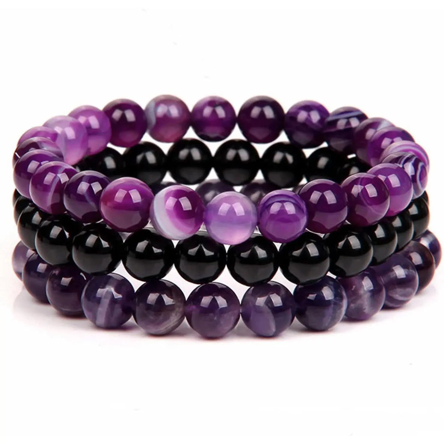High Quality Bracelet Set - 3Pcs 8mm Round Stone Beaded, Elastic Stretchable Adjustable Unisex Fashion Costume Jewelry (Blue, Green, Pink, Purple, White)