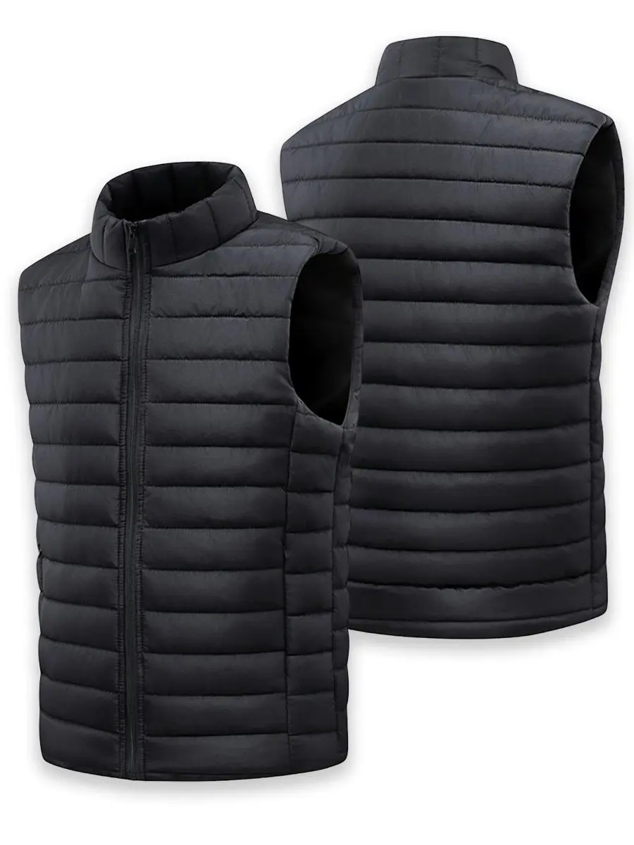 Men's Black Stand-Collar Zip Puffer Gilet - Thermal Fluffy Shell Waistcoat, Casual Smooth Wrinkle-Free Packable Lightweight Vertical Channel Quilted Sleeveless Menswear Top for Jeans, Office; Natural, Cargo, Sweaters Compatible